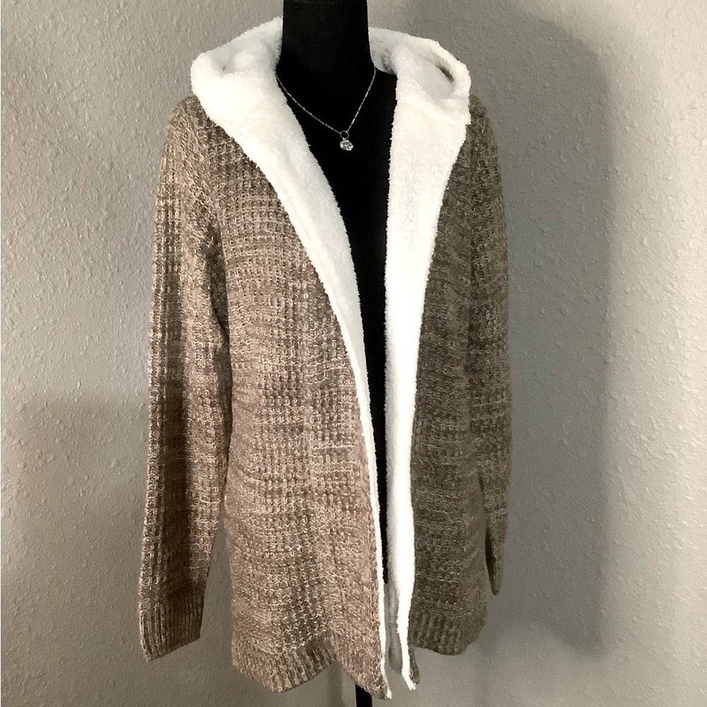 NWT LETY‎ & ME Faux Fur Lined Hooded Cardigan in heather brown